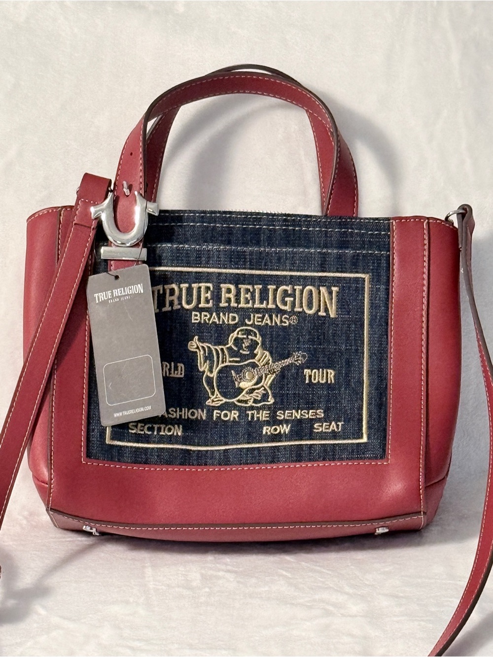 True Religion Red Leather & Denim Logo Tote